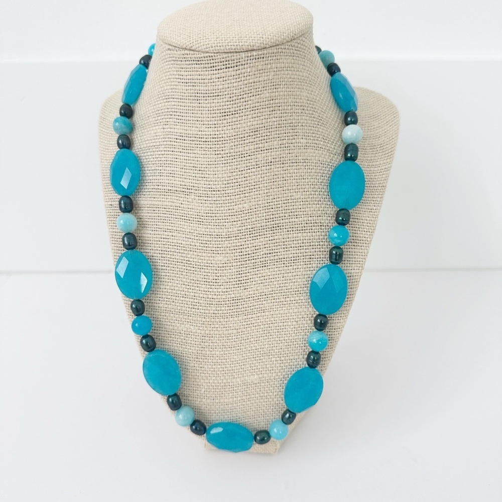 NWT Genuine Quartz, Hematite & Pearls Necklace Blue Black